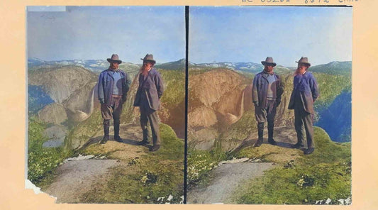 Antique art: Two side-by-side paintings featuring men conversing on a mountain summit.