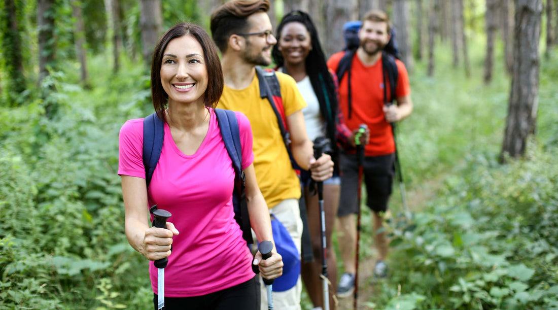 Four hikers hiking in a line down a trail in the forest.