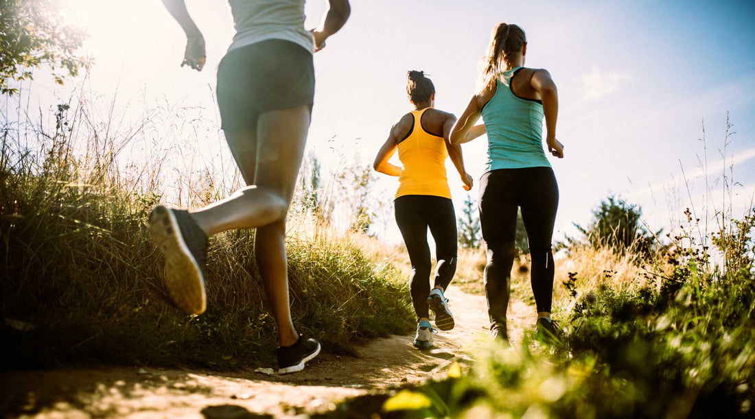 Three trail runners on a sunny trail.