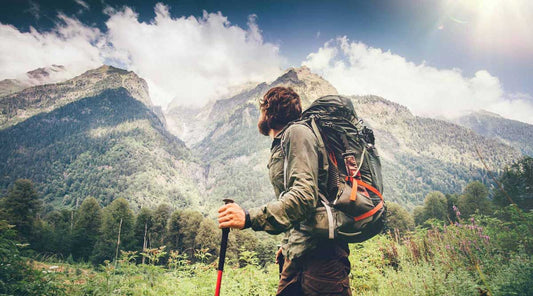 Backpacker hiking on trail with a forest and mountains in the background.