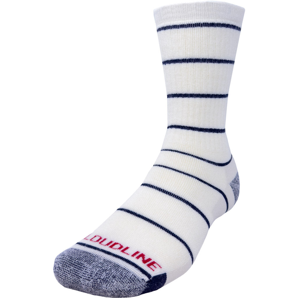 Cloudline Pinstripe Hiking Sock - Medium Cushion - White with Navy Stripes and Navy Toe and Heel.