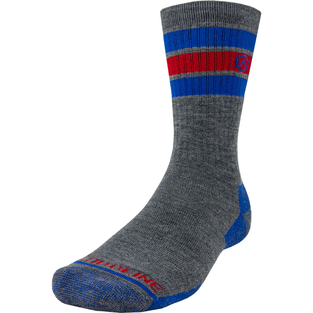 Cloudline Retro Hiking Sock - Medium Cushion - Grey with Blue and Red Stripes.