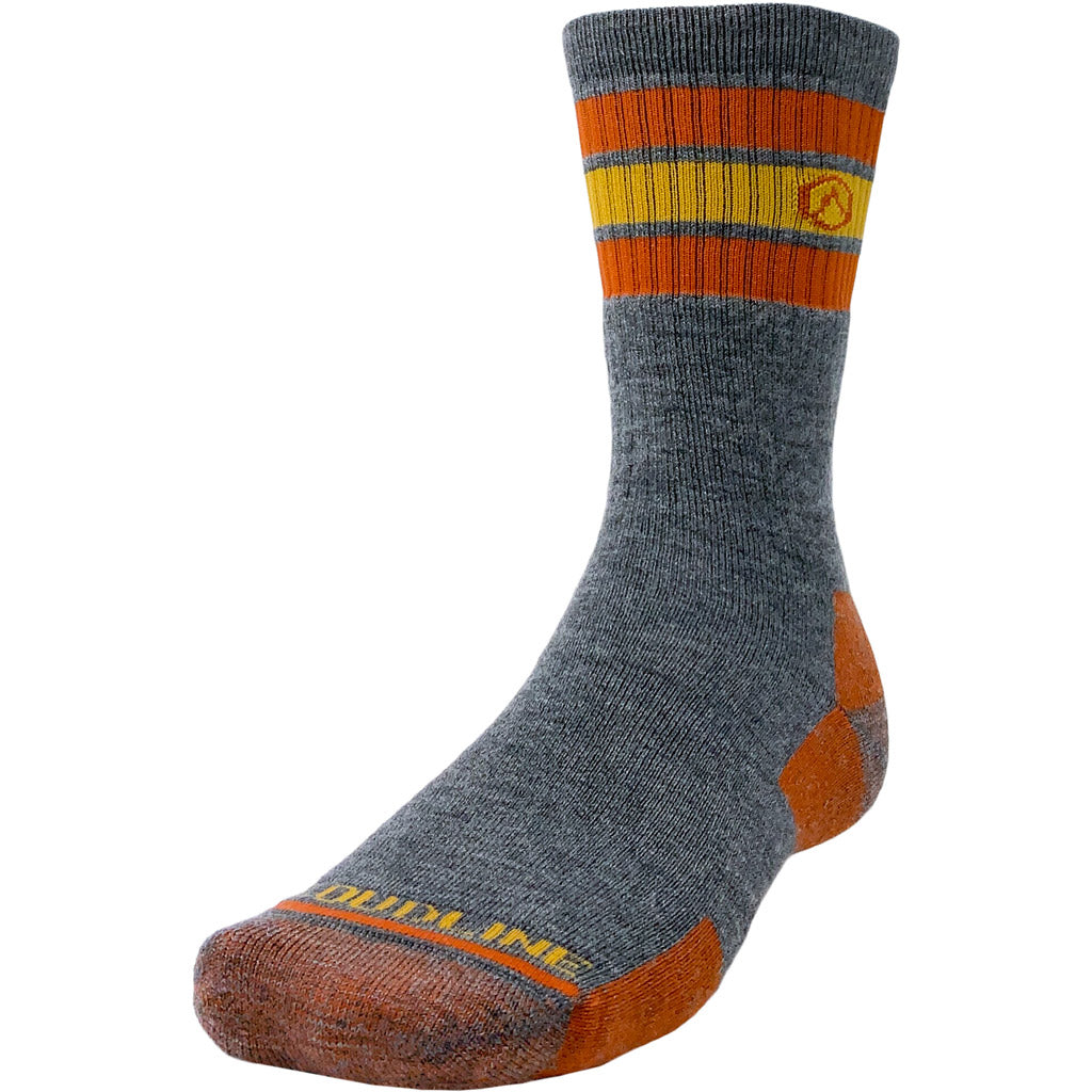 Cloudline Retro Hiking Sock - Medium Cushion - Grey with Orange and Yellow Stripes.