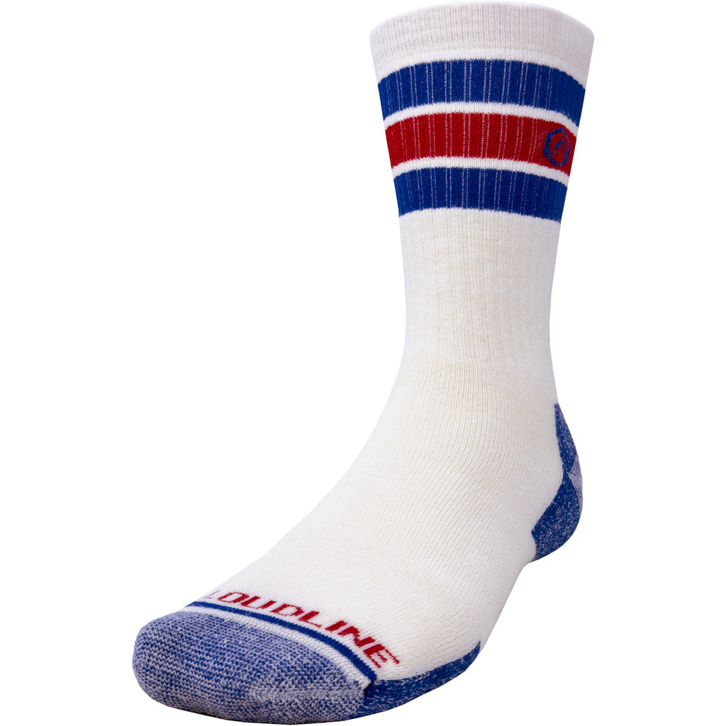 Cloudline Retro Hiking Sock - Medium Cushion - White with Blue and Red Stripes.
