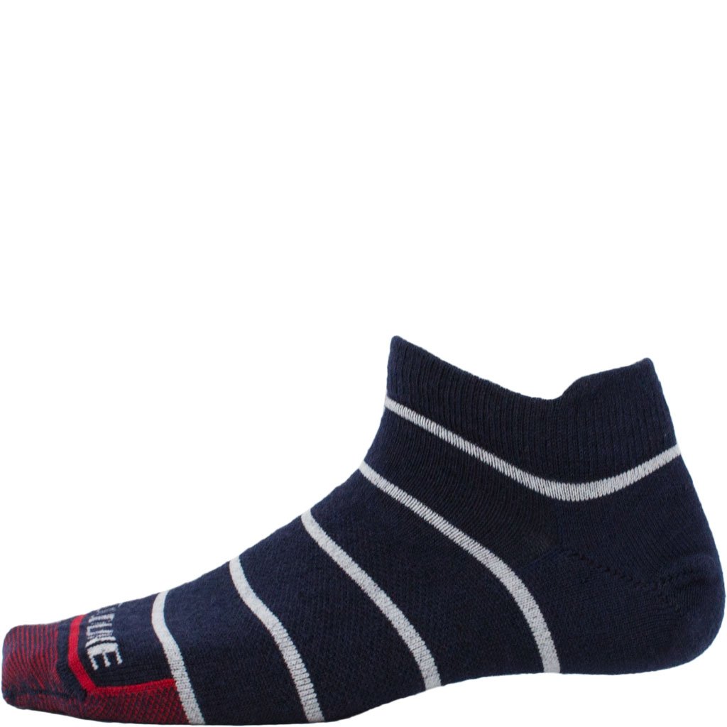 Cloudline Pinstripe No-Show Running Sock - Ultralight - Navy with light Grey Stripes and Red Toe.