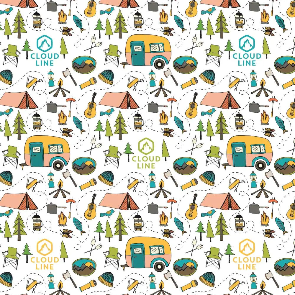 Close up of camping pattern on white water bottle.