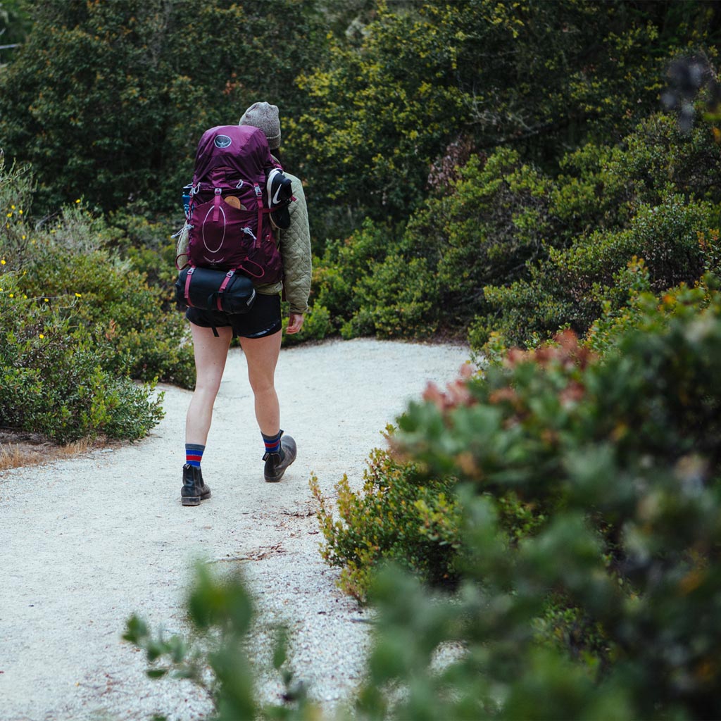 Backpacker wearing Cloudline hiking socks walking down trail into forest.