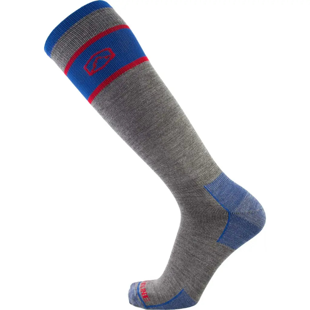 Cloudline Merino Wool Ski & Snowboard Sock - Ultralight - Grey with Blue and Red Stripes