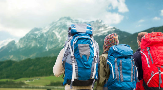 3 backpackers looking towards mountains