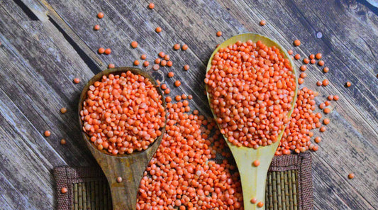 wooden spoonfuls of red lentils on picnic table.