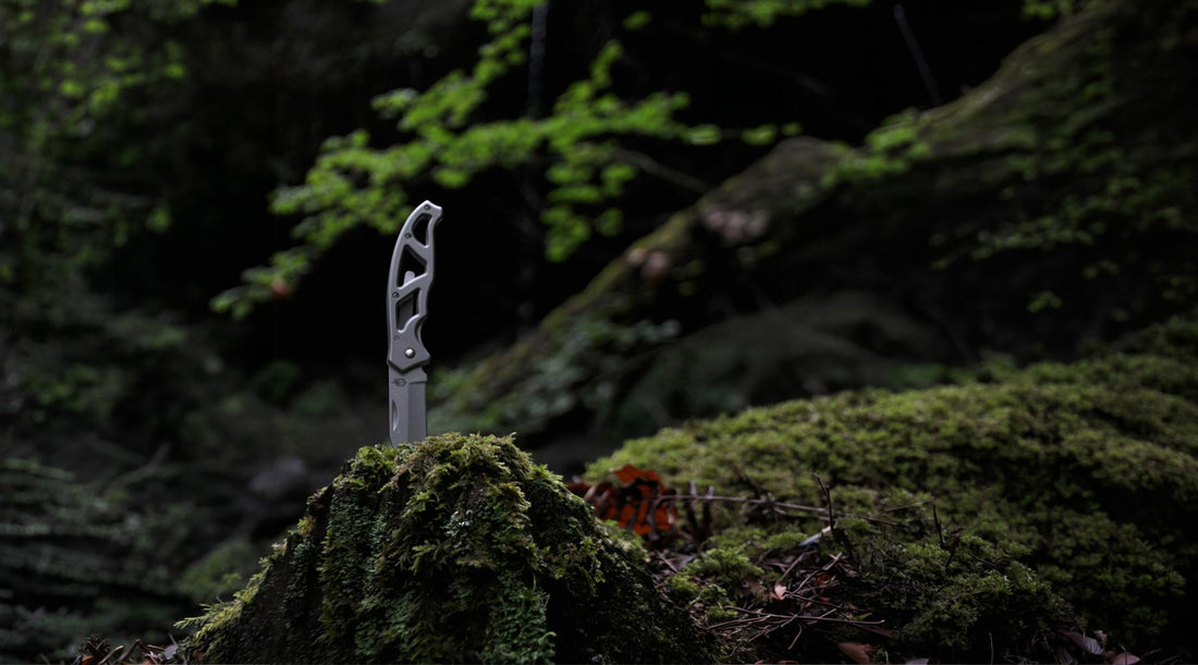 Pocket knife stuck in a mossy stump in the woods
