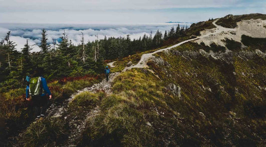 Hikers walking along a ridge trail.