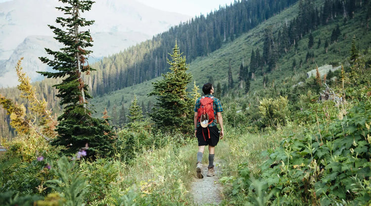 Hiker wearing Cloudline merino wool compression socks on a mountain side trail.