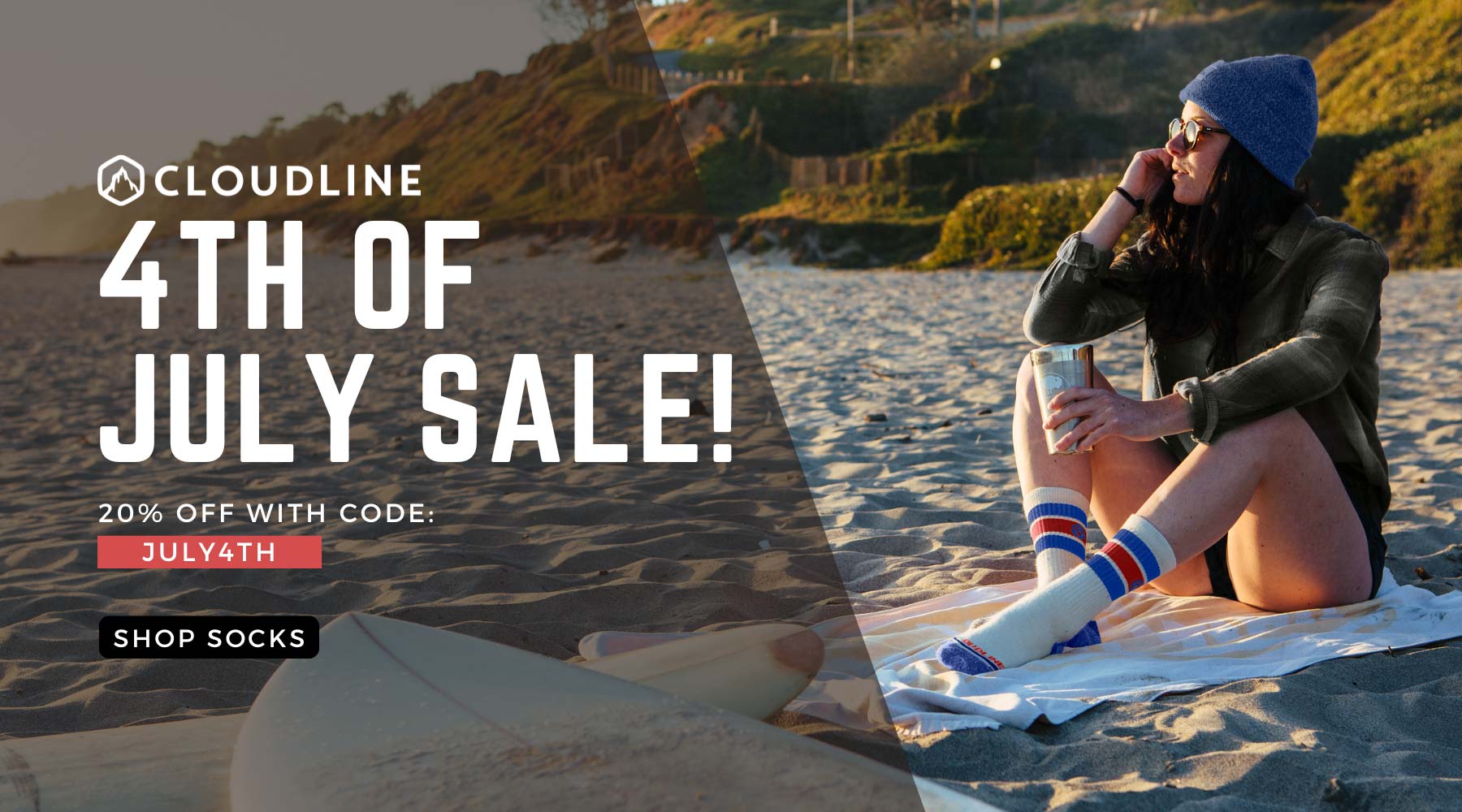 Women wearing Cloudline socks sitting on beach next to surf boards. 20% off with code JULY4TH