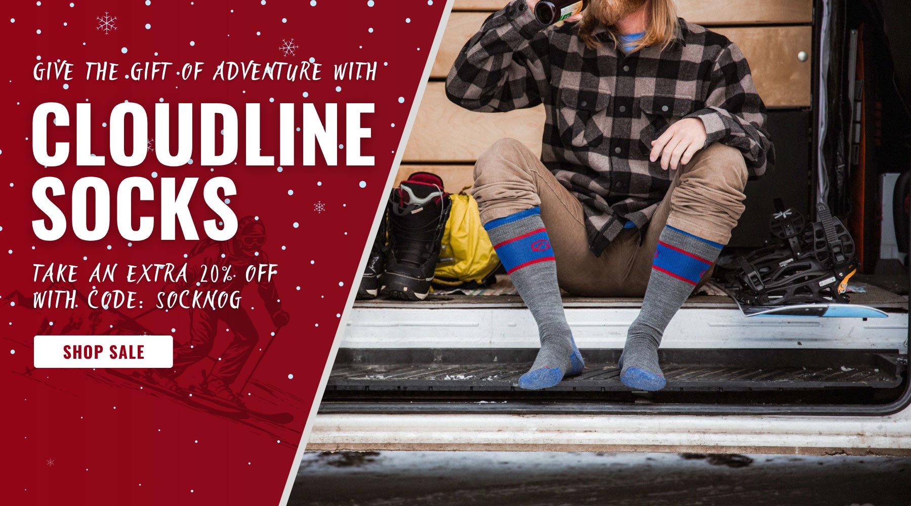 Person wearing Cloudline socks with promotional text on a red background