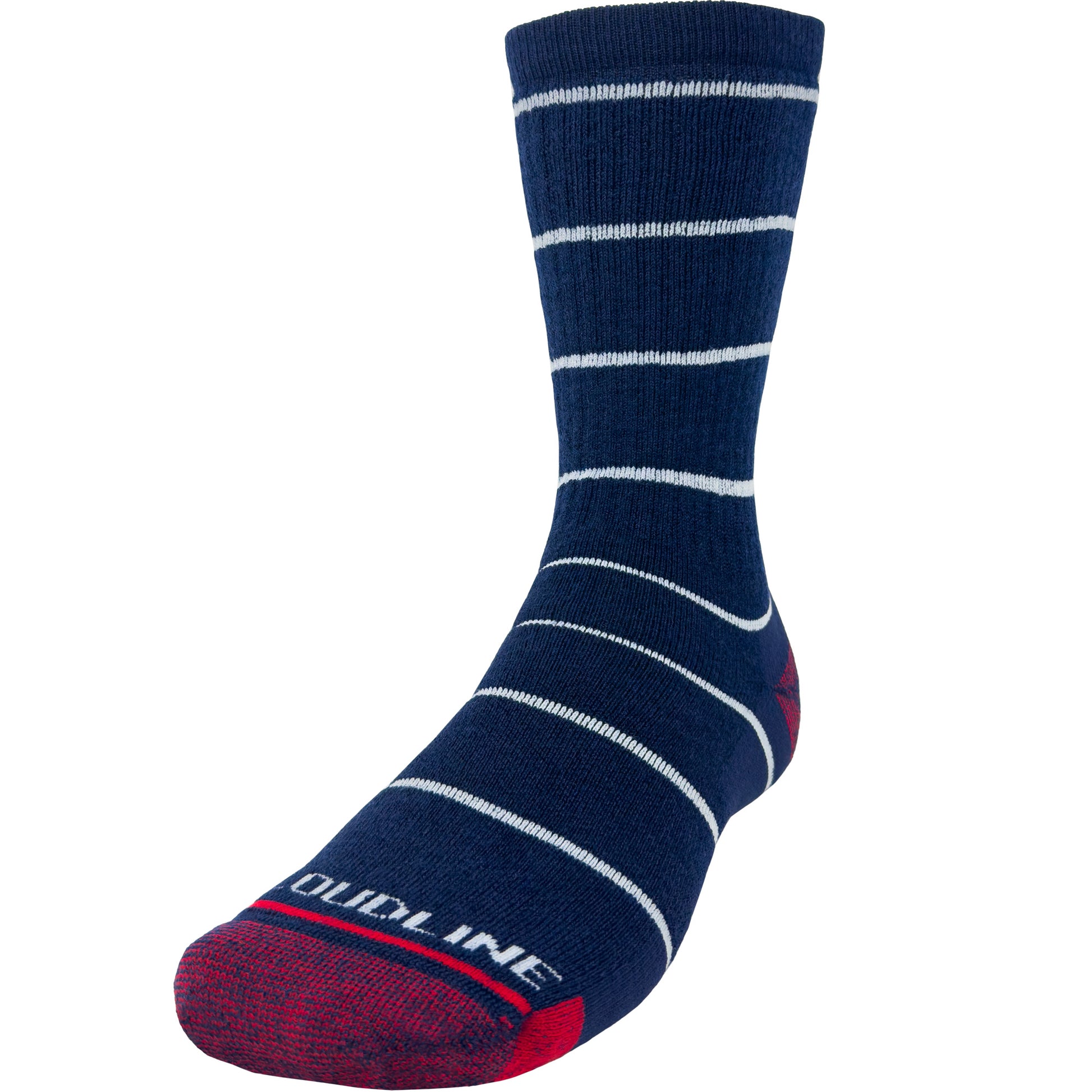 Cloudline Pinstripe Hiking Sock - Medium Cushion - Navy with Light Grey Stripes and Red Toe and Heel. 