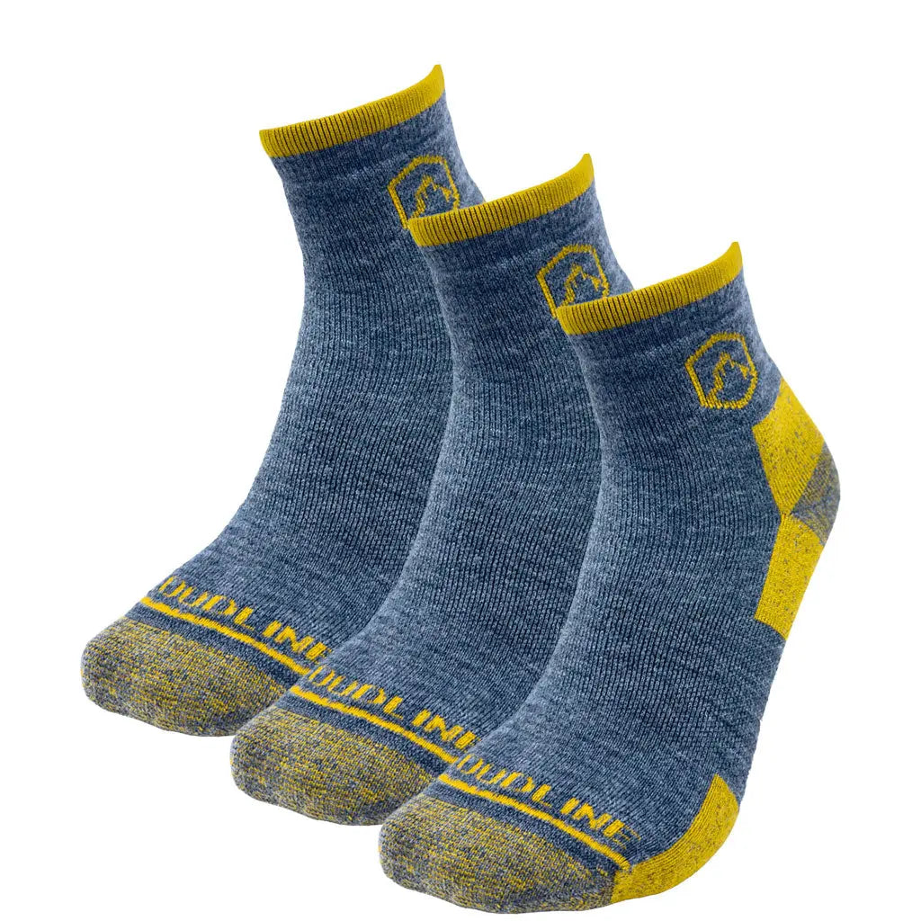 Three merino wool quarter top athletic socks in heathered grey with bright yellow accents, including a ribbed cuff, toe, and heel, displayed on a clean white background.
