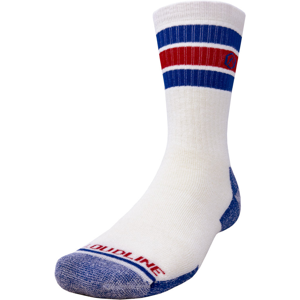 Cloudline Retro Hiking Sock - Medium Cushion - White with Blue and Red Stripes. 