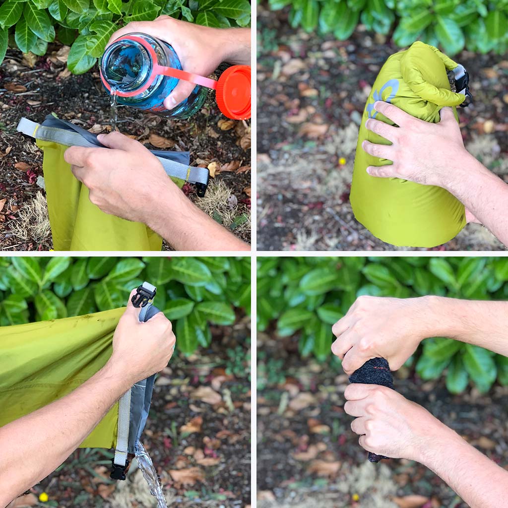 Hiker demonstrating how to rinse socks after washing using a dry bag. 