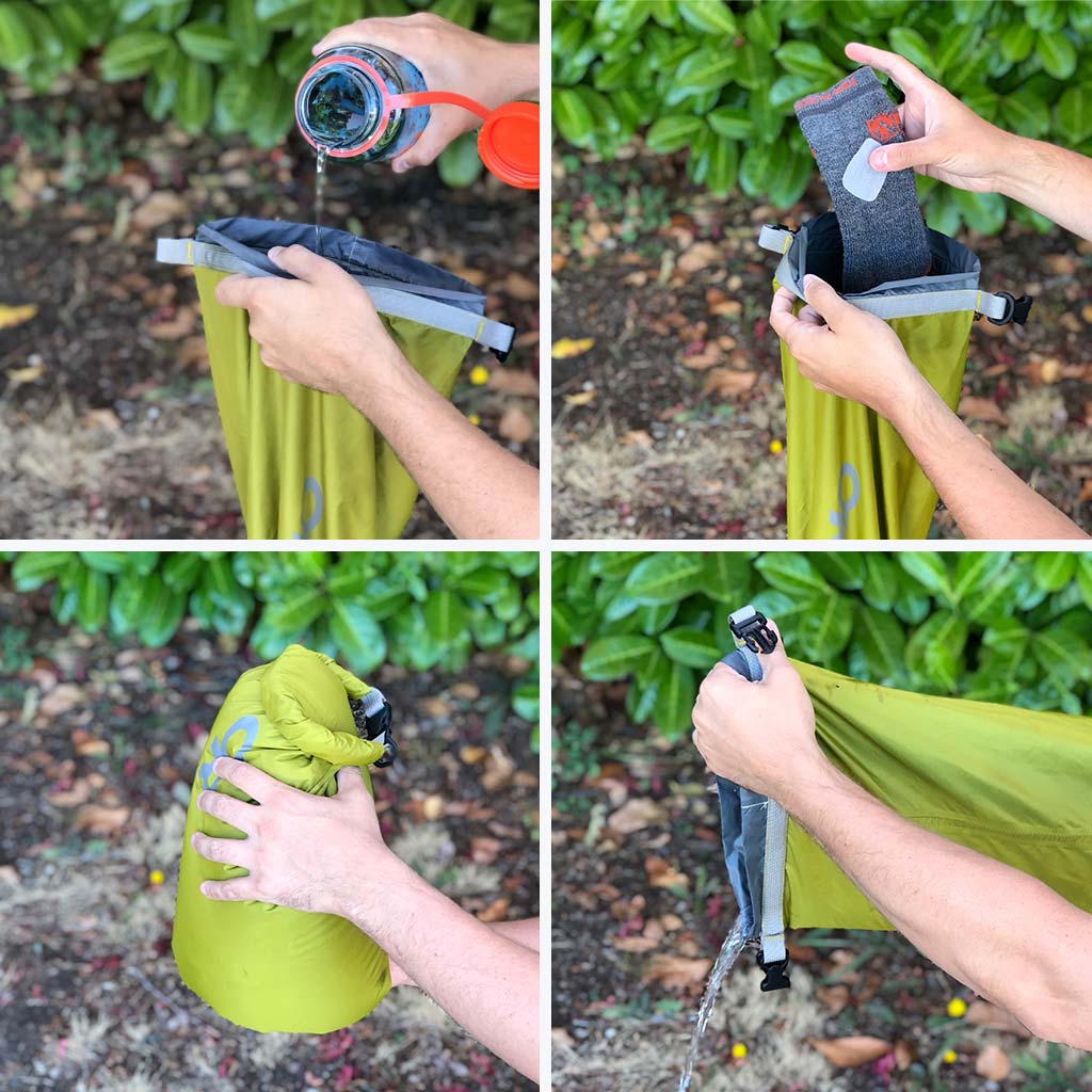 Hiker demonstrating how to wash socks on the trail with a dry sack. 