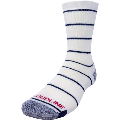 Cloudline Pinstripe Hiking Sock - Medium Cushion - White with Navy Stripes and Navy Toe and Heel. 