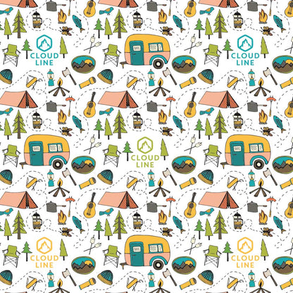 Close up of camping pattern on white water bottle. 