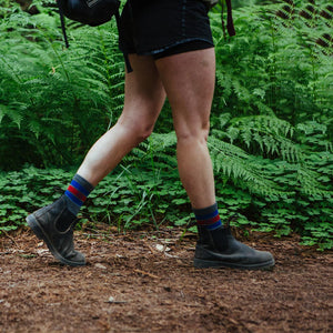 Backpacker wearing Cloudline hiking socks mid stride in front of lush ferns. 